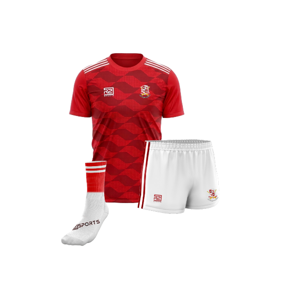 Ballygarvan – Training Jersey (Waves), Shorts (White) and Mid Socks (Red) Bundle
